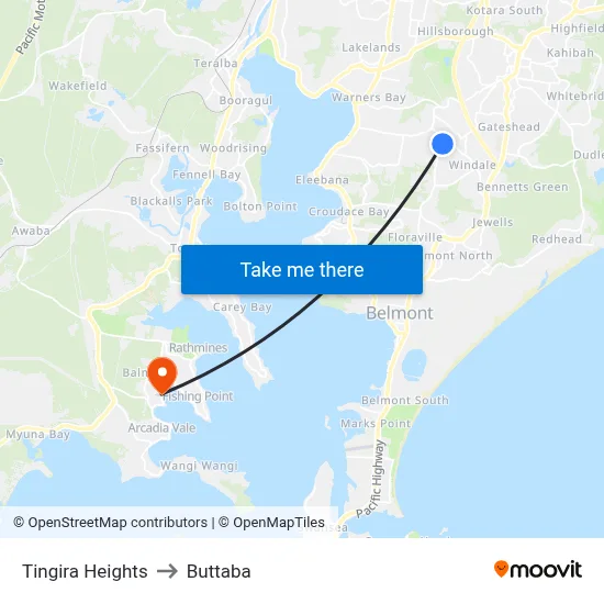 Tingira Heights to Buttaba map