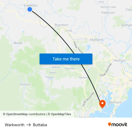 Warkworth to Buttaba map