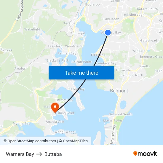 Warners Bay to Buttaba map