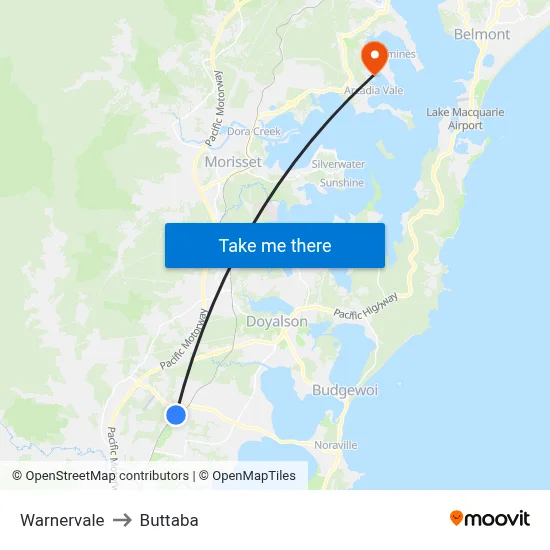Warnervale to Buttaba map