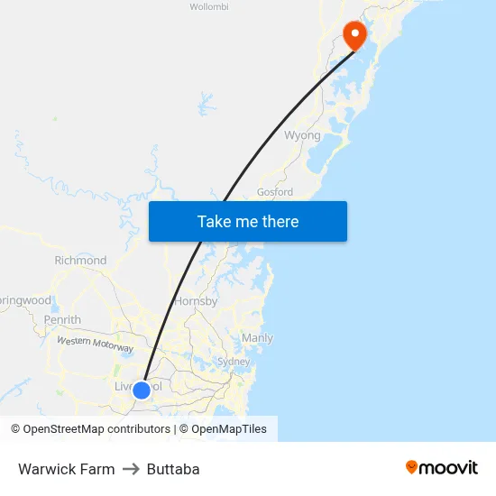 Warwick Farm to Buttaba map