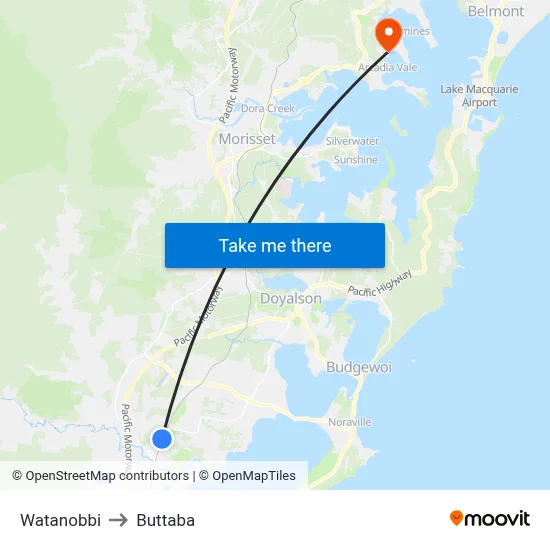 Watanobbi to Buttaba map