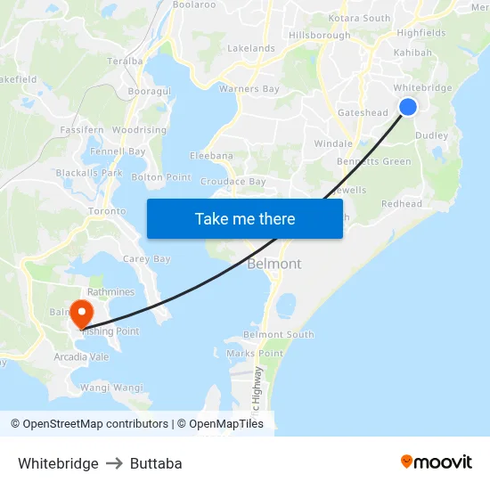 Whitebridge to Buttaba map
