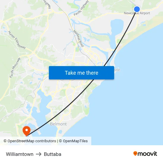 Williamtown to Buttaba map