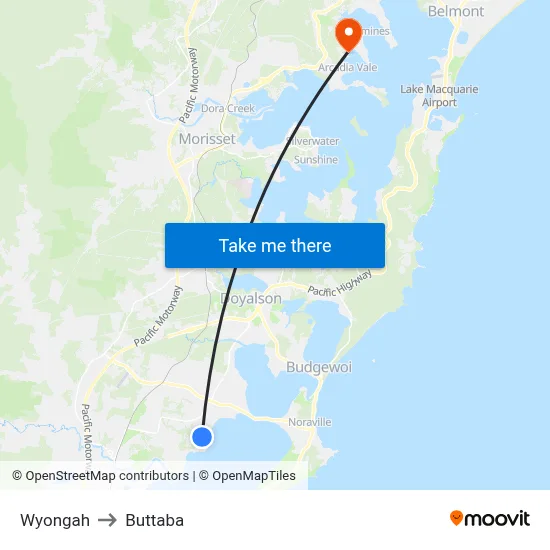 Wyongah to Buttaba map