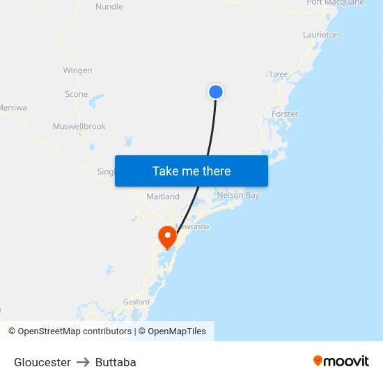 Gloucester to Buttaba map