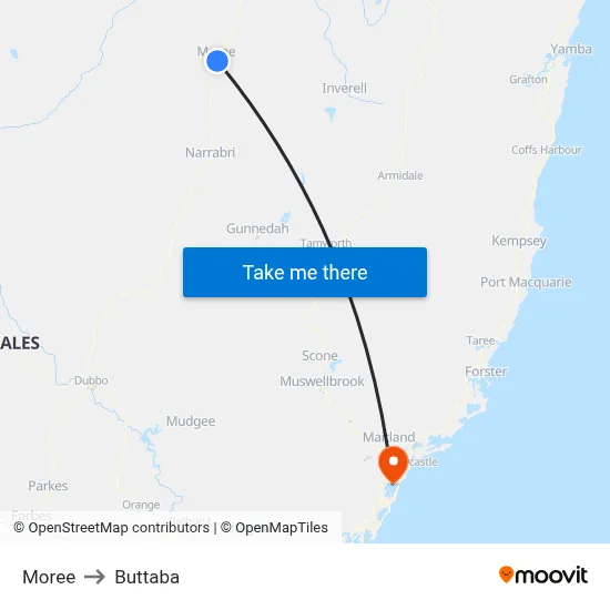 Moree to Buttaba map