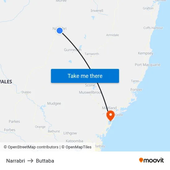 Narrabri to Buttaba map