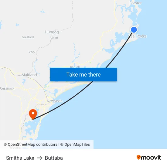 Smiths Lake to Buttaba map