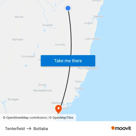 Tenterfield to Buttaba map