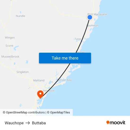 Wauchope to Buttaba map