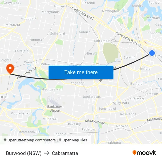 Burwood (NSW) to Cabramatta map