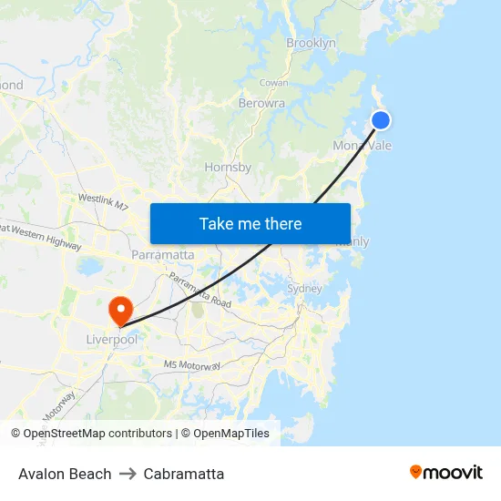 Avalon Beach to Cabramatta map