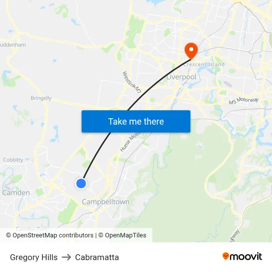 Gregory Hills to Cabramatta map