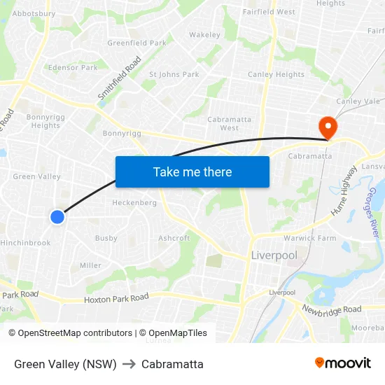 Green Valley (NSW) to Cabramatta map