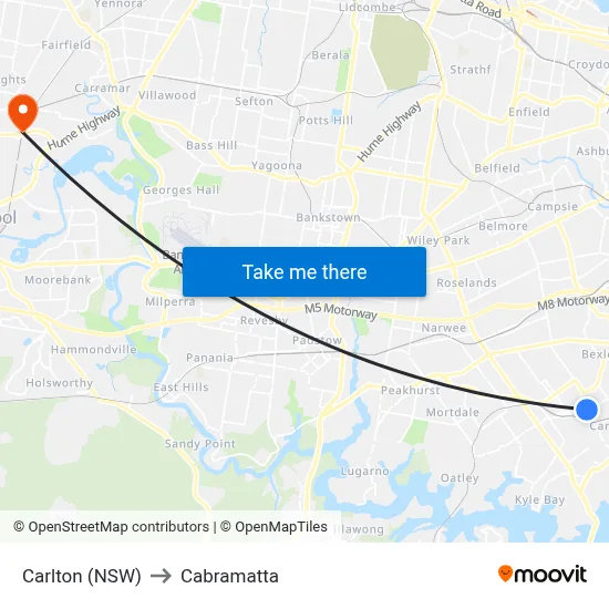 Carlton (NSW) to Cabramatta map