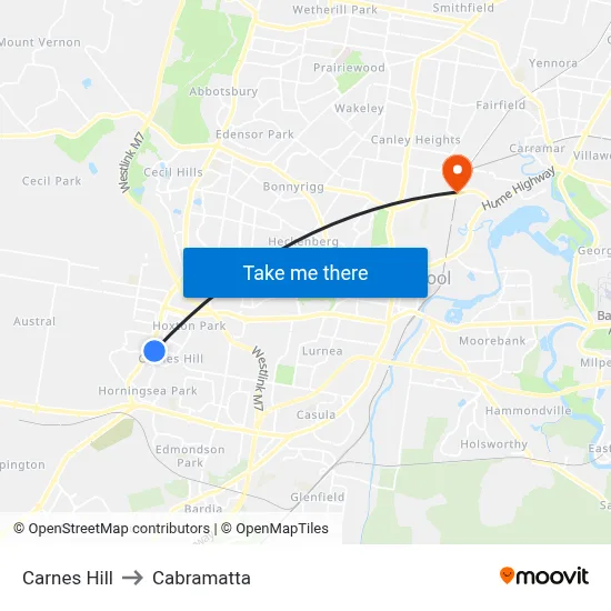 Carnes Hill to Cabramatta map