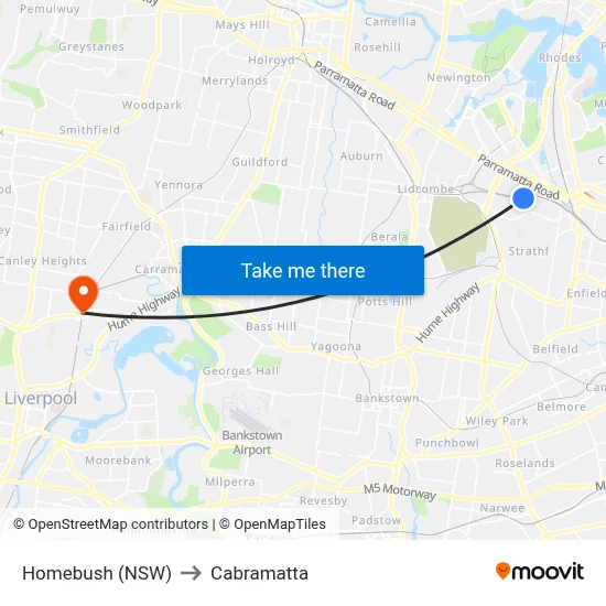 Homebush (NSW) to Cabramatta map