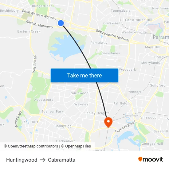 Huntingwood to Cabramatta map