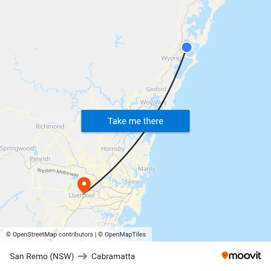 San Remo (NSW) to Cabramatta map