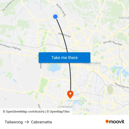 Tallawong to Cabramatta map