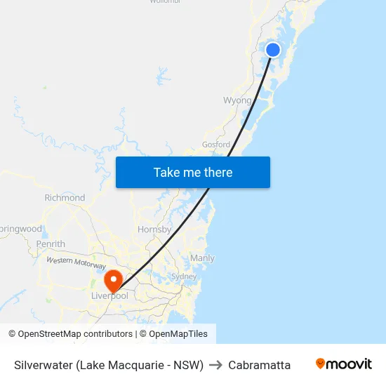 Silverwater (Lake Macquarie - NSW) to Cabramatta map