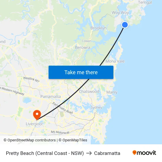 Pretty Beach (Central Coast - NSW) to Cabramatta map