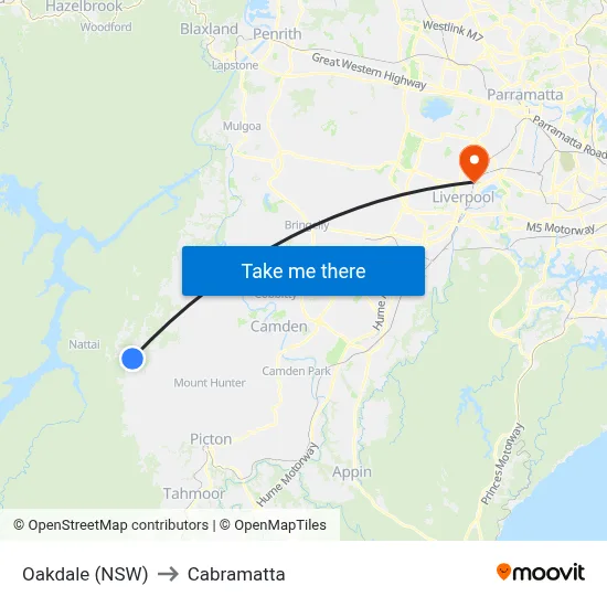 Oakdale (NSW) to Cabramatta map