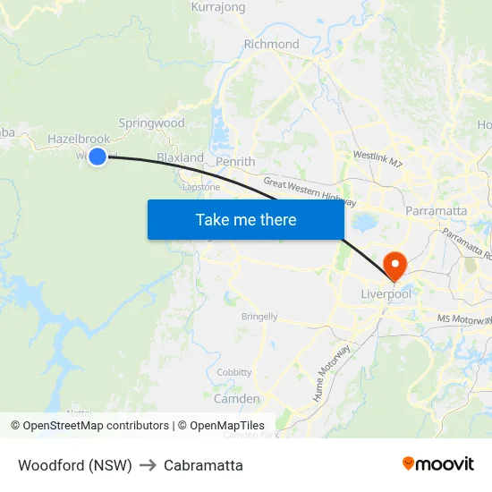 Woodford (NSW) to Cabramatta map