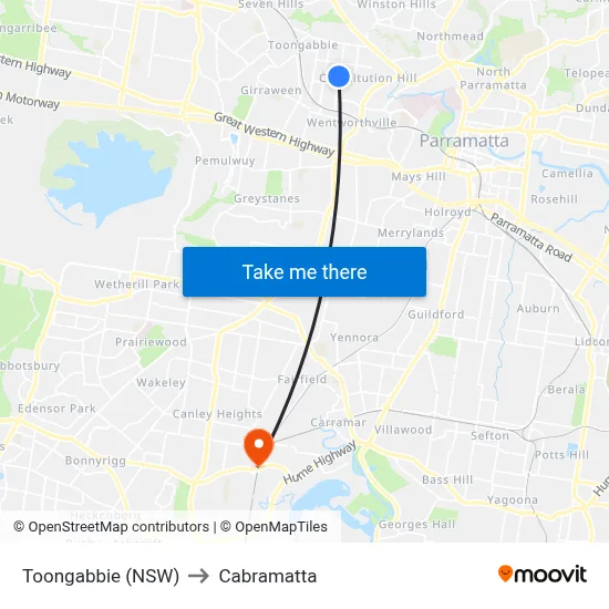 Toongabbie (NSW) to Cabramatta map