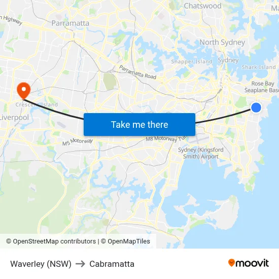 Waverley (NSW) to Cabramatta map