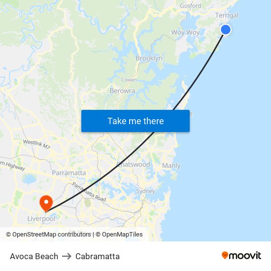 Avoca Beach to Cabramatta map