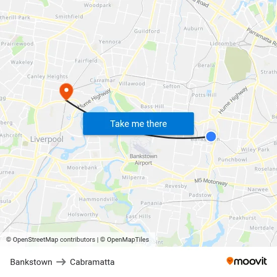 Bankstown to Cabramatta map