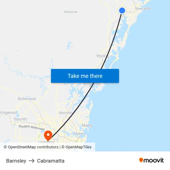 Barnsley to Cabramatta map