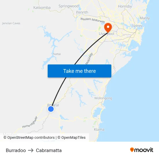 Burradoo to Cabramatta map