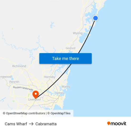 Cams Wharf to Cabramatta map