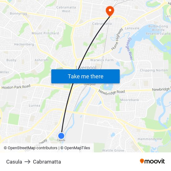 Casula to Cabramatta map