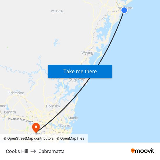 Cooks Hill to Cabramatta map