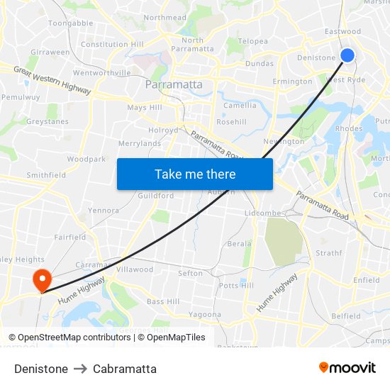 Denistone to Cabramatta map