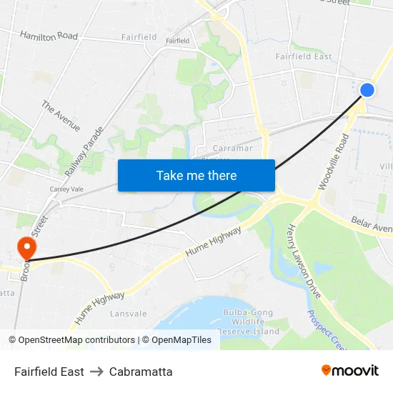 Fairfield East to Cabramatta map