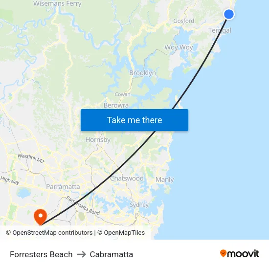Forresters Beach to Cabramatta map