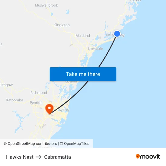 Hawks Nest to Cabramatta map