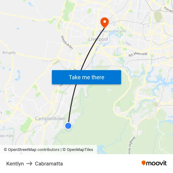 Kentlyn to Cabramatta map