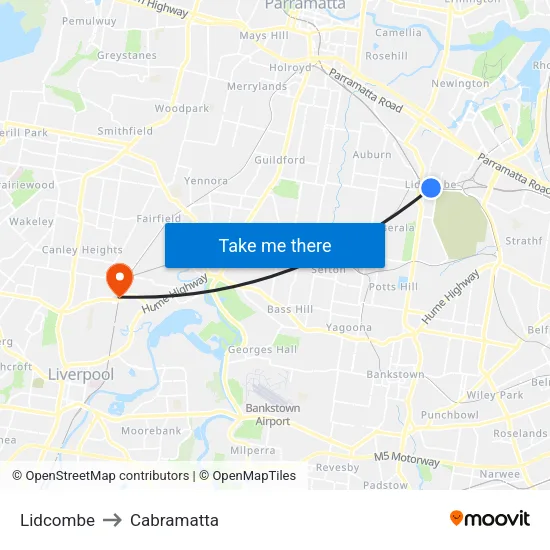 Lidcombe to Cabramatta map