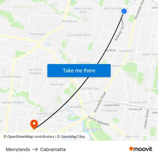 Merrylands to Cabramatta map