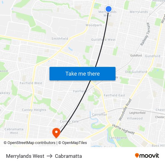 Merrylands West to Cabramatta map