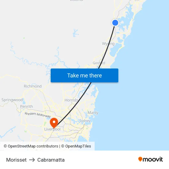 Morisset to Cabramatta map
