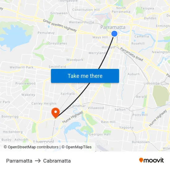Parramatta to Cabramatta map