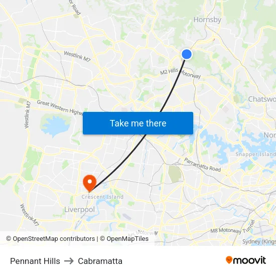 Pennant Hills to Cabramatta map