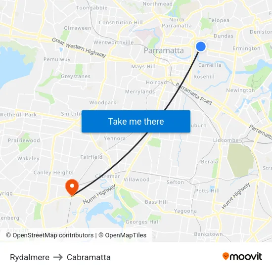 Rydalmere to Cabramatta map